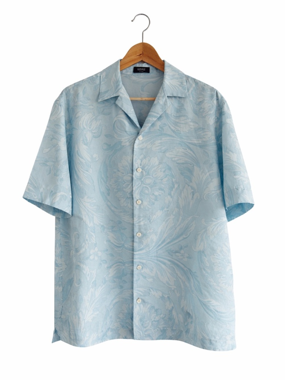 Versace Barocco Silk Short Sleeve Shirt Blue Size 48 (L)